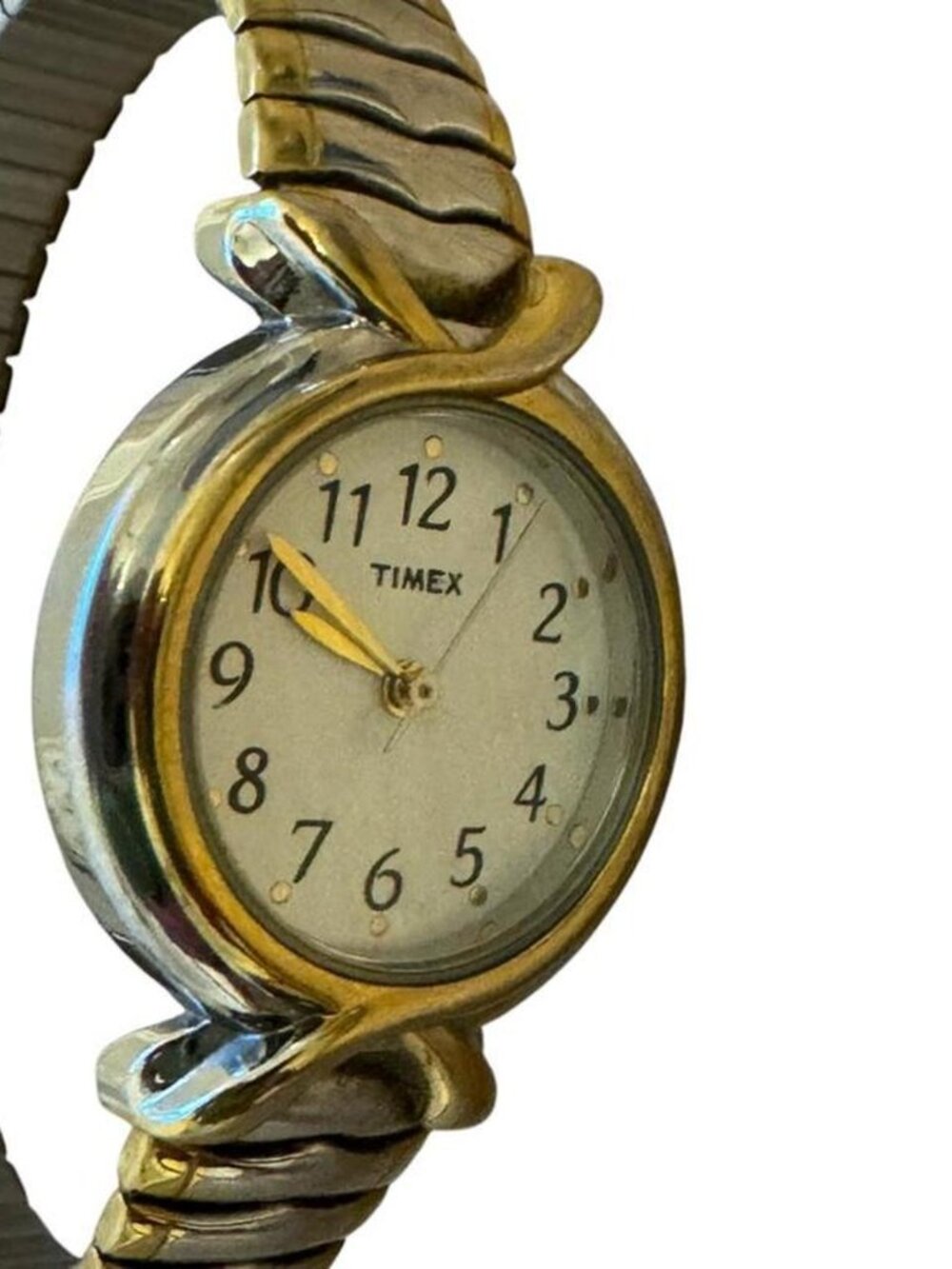 🩶VTG 80s Timex Women’s Gold Silver Two Tone Stretchy Minimalist Bracelet Watch